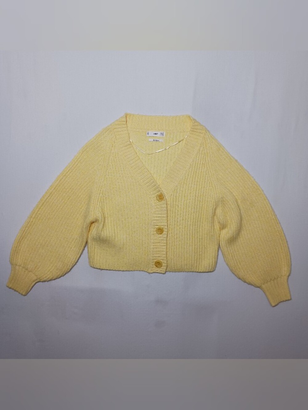MNG Wool Blend Cropped Button Up Cardigan XXS Yellow Chunky Knit V Neck
